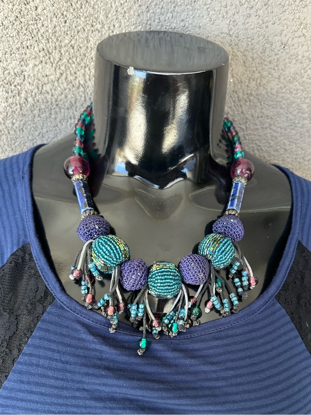 Source Unknown Teal & Purple Beaded Statement Necklace